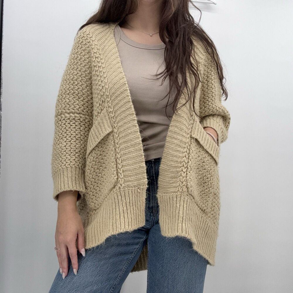 Six Crisp Days Beige Chunky Knit Cardigan Sweater Size Small Boho Wool Blend